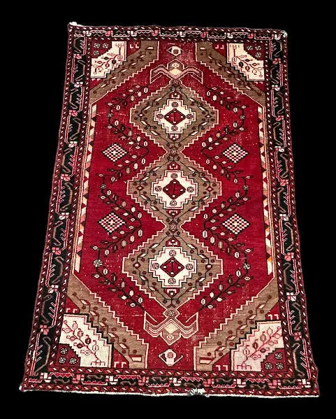 Vintage Hand-Knotted Wool Rug Persian Shiraz Red Geometric Design 4'1 x 6'5 I Got Rugs
