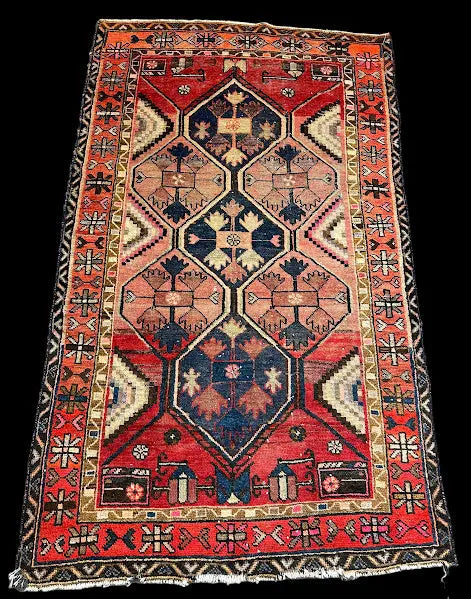 Vintage Hand-Knotted Wool Rug Persian Shiraz Red Oriental Design 3'11 x 8'9 I Got Rugs