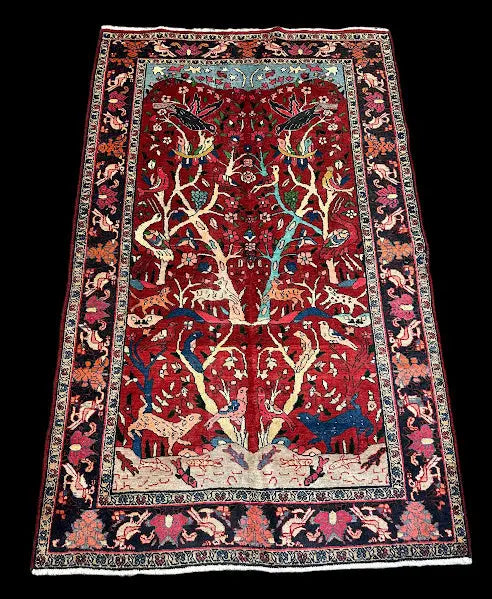 Vintage Hand-Knotted Wool Rug Red Afghan Tree of Life Pictorial Design 4'4 x 7'2 I Got Rugs