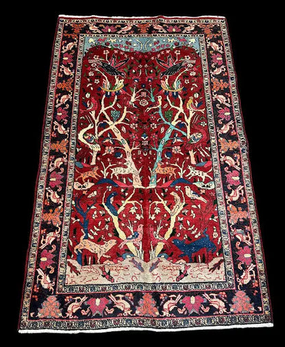 Vintage Hand-Knotted Wool Rug Red Afghan Tree of Life Pictorial Design 4'4 x 7'2 I Got Rugs