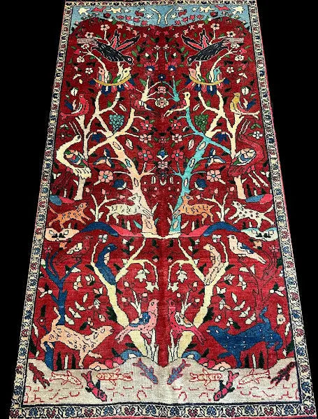Vintage Hand-Knotted Wool Rug Red Afghan Tree of Life Pictorial Design 4'4 x 7'2 I Got Rugs