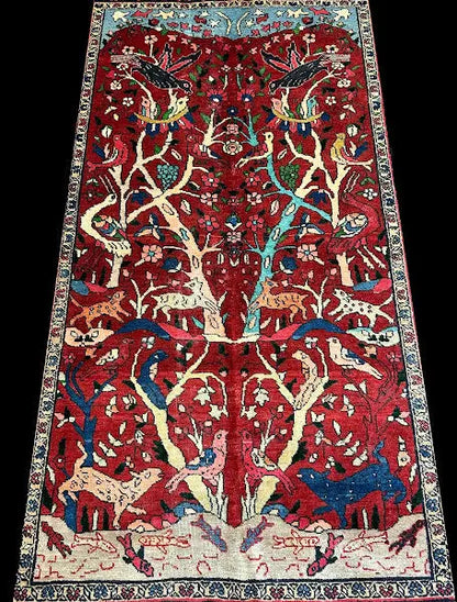 Vintage Hand-Knotted Wool Rug Red Afghan Tree of Life Pictorial Design 4'4 x 7'2 I Got Rugs