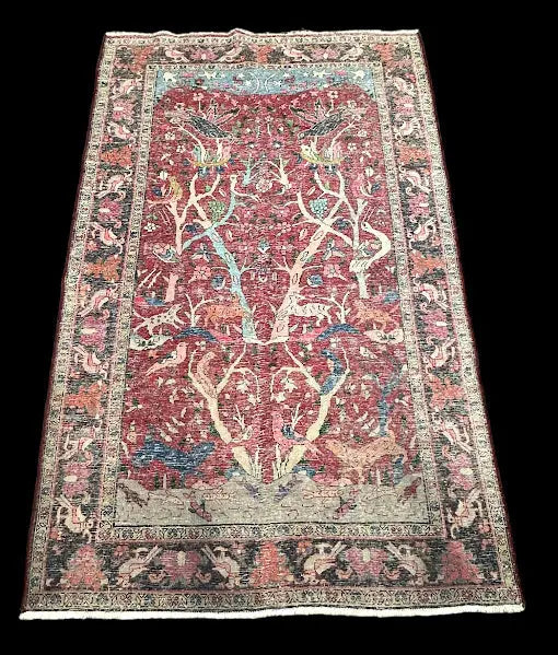 Vintage Hand-Knotted Wool Rug Red Afghan Tree of Life Pictorial Design 4'4 x 7'2 I Got Rugs