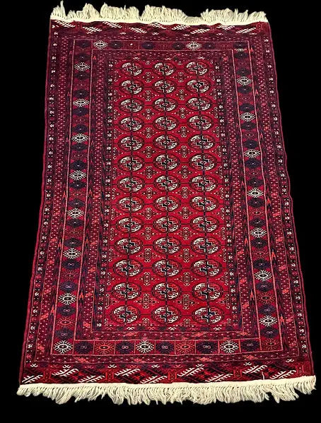 Vintage Hand-Knotted Wool Rug Red Afghan Turkmen Design 4'1 x 6'4 I Got Rugs