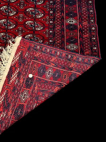 Vintage Hand-Knotted Wool Rug Red Afghan Turkmen Design 4'1 x 6'4 I Got Rugs