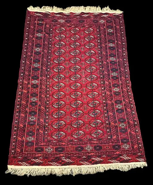 Vintage Hand-Knotted Wool Rug Red Afghan Turkmen Design 4'1 x 6'4 I Got Rugs