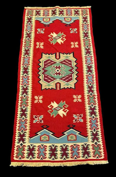 Vintage Hand-Knotted Wool Rug Red Geometric Turkish Kilim 2'9 x 5'11 I Got Rugs