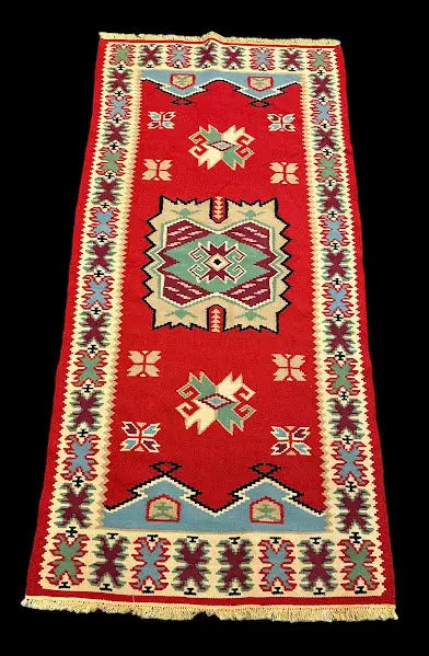 Vintage Hand-Knotted Wool Rug Red Geometric Turkish Kilim 2'9 x 5'11 I Got Rugs