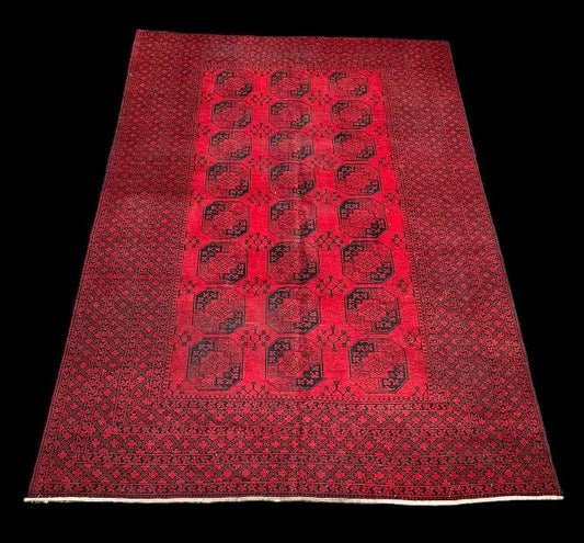 Vintage Hand-Knotted Wool Rug Stunning Red Afghan Turkmen Design 8'2 x 11' I Got Rugs