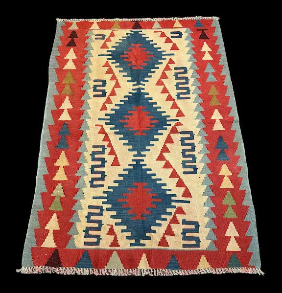 Vintage Hand-Knotted Wool Rug Turkish Geometric Multicolor Pattern 3'10 x 5'4 I Got Rugs