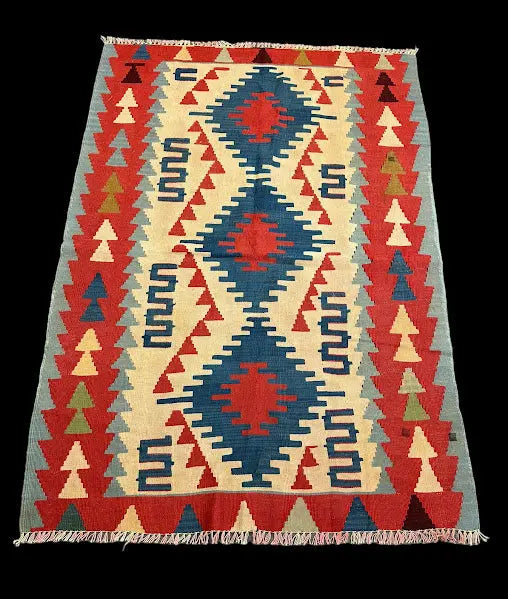 Vintage Hand-Knotted Wool Rug Turkish Geometric Multicolor Pattern 3'10 x 5'4 I Got Rugs