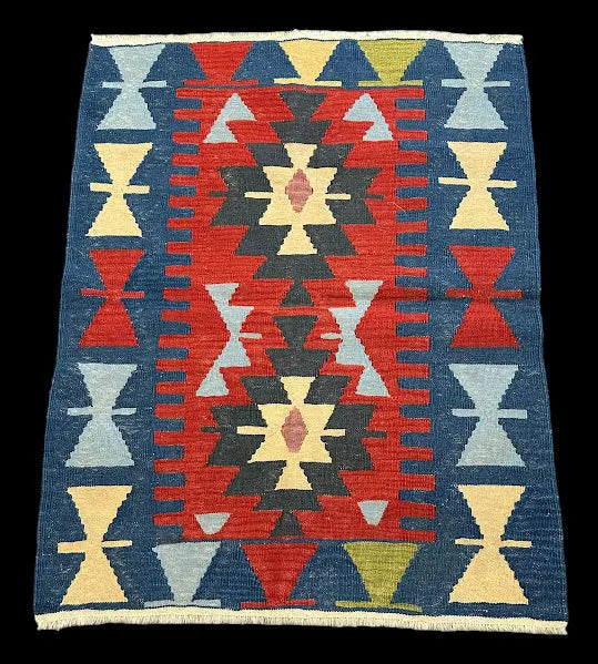 Vintage Hand-Knotted Wool Rug Turkish Kilim Colorful Geometric Design 2'11 x 3'10 I Got Rugs