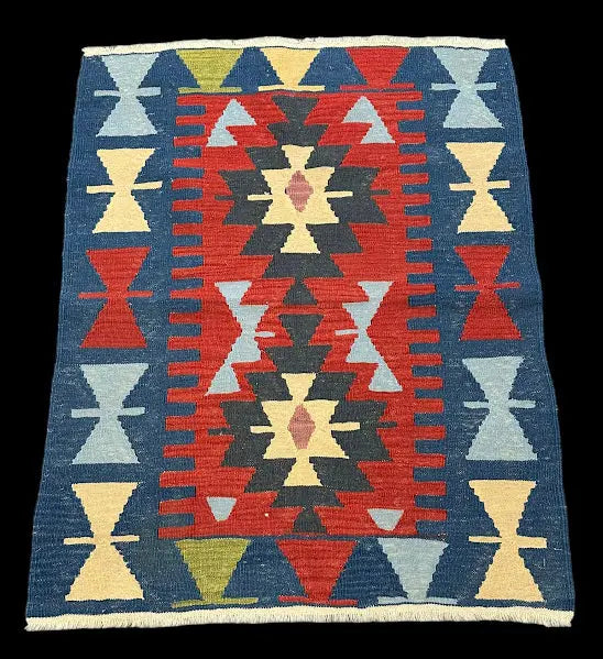 Vintage Hand-Knotted Wool Rug Turkish Kilim Colorful Geometric Design 2'11 x 3'10 I Got Rugs