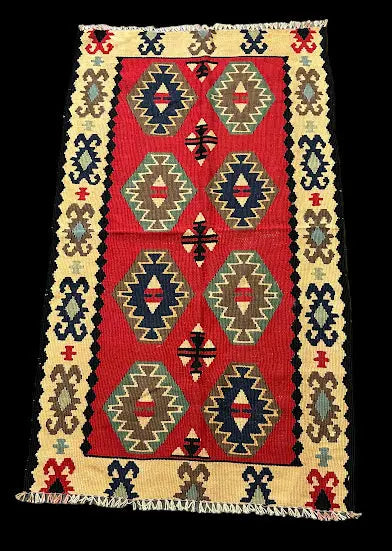Vintage Hand-Knotted Wool Rug Turkish Kilim Colorful Geometric Design 2'5 x 4'2 I Got Rugs