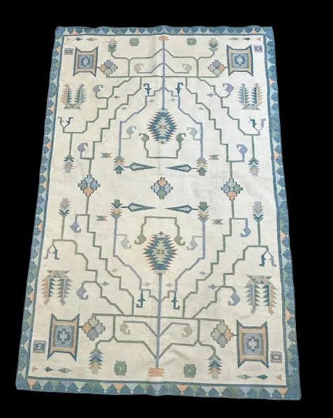 Vintage Hand-Knotted Wool Rug Turkish Oushak Blue Geometric Design 3'9 x 5'9 I Got Rugs