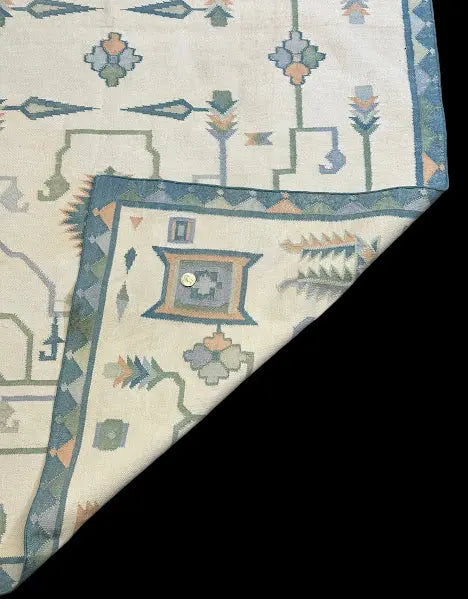Vintage Hand-Knotted Wool Rug Turkish Oushak Blue Geometric Design 3'9 x 5'9 I Got Rugs