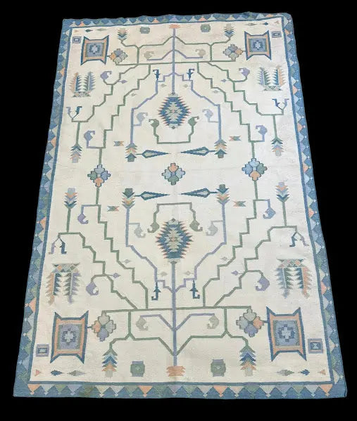 Vintage Hand-Knotted Wool Rug Turkish Oushak Blue Geometric Design 3'9 x 5'9 I Got Rugs