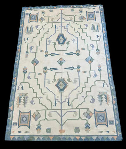 Vintage Hand-Knotted Wool Rug Turkish Oushak Blue Geometric Design 3'9 x 5'9 I Got Rugs