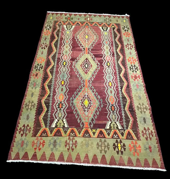 Vintage Hand-Knotted Wool Rug Turkish Oushak Green Geometric Design 7'3 x 10'11 I Got Rugs