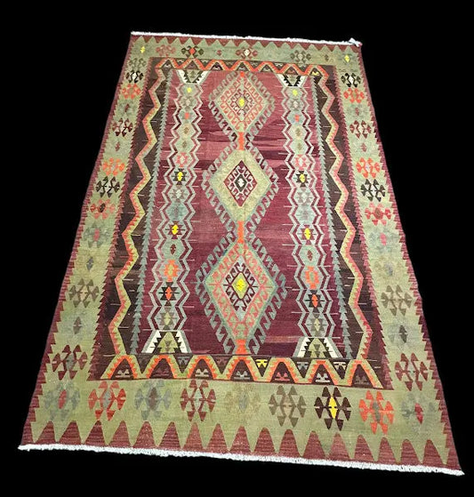 Vintage Hand-Knotted Wool Rug Turkish Oushak Green Geometric Design 7'3 x 10'11 I Got Rugs