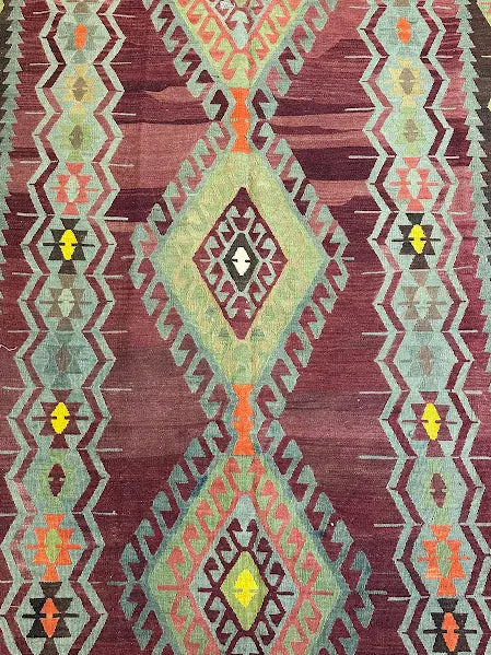 Vintage Hand-Knotted Wool Rug Turkish Oushak Green Geometric Design 7'3 x 10'11 I Got Rugs