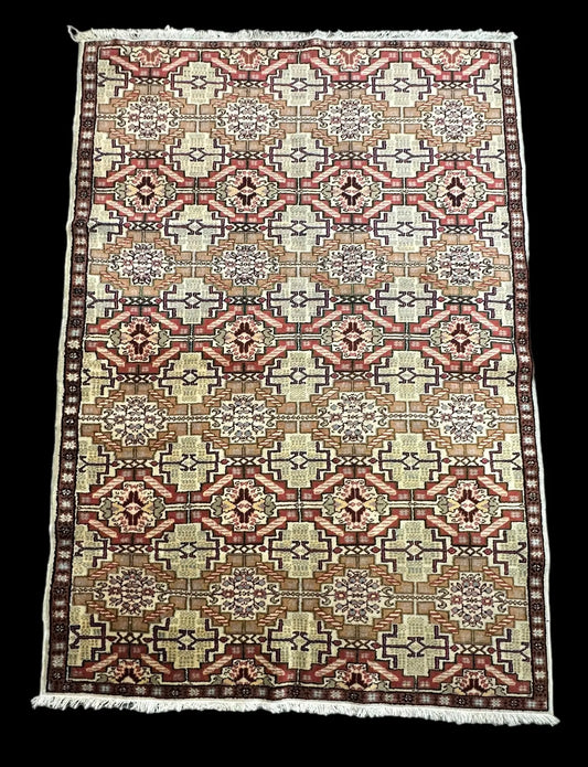 Vintage Hand-Knotted Wool Rug Unique Persian Geometric Design Vibrant Colors 4' x 5'9 I Got Rugs