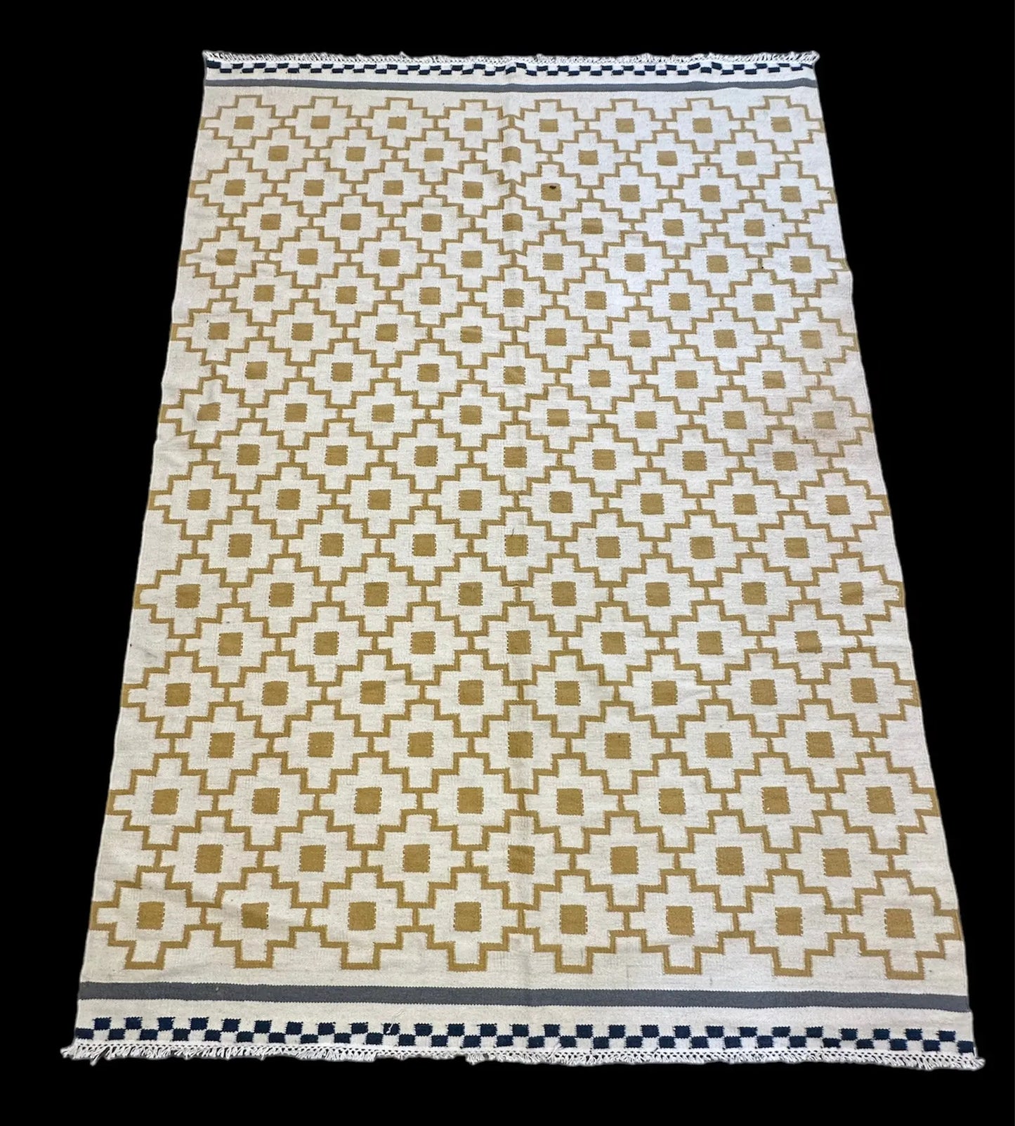 Vintage Hand-Knotted Wool Rug Yellow Turkish Kilim Geometric Design 5'5 x 7'10 I Got Rugs