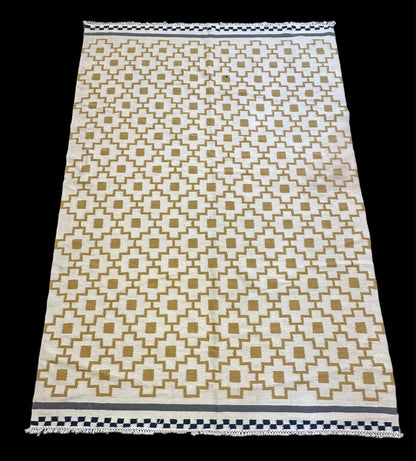 Vintage Hand-Knotted Wool Rug Yellow Turkish Kilim Geometric Design 5'5 x 7'10 I Got Rugs