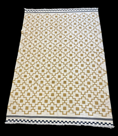 Vintage Hand-Knotted Wool Rug Yellow Turkish Kilim Geometric Design 5'5 x 7'10 I Got Rugs