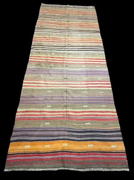 Vintage Hand-Knotted Wool Runner  Multicolor Striped Turkish Kilim 5'5 x 12'10 I Got Rugs