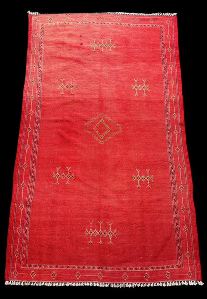 Vintage Hand-Woven Wool Rug Moroccan Kilim Rustic Red Tribal Design 3'5 x 5'9 I Got Rugs