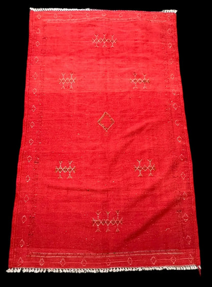 Vintage Hand-Woven Wool Rug Moroccan Kilim Rustic Red Tribal Design 3'5 x 5'9 I Got Rugs