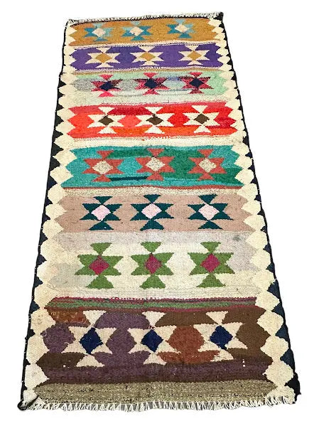 Vintage Handmade Wool Persian Flatweave Kilim Bright Colored Pattern 3'8 x 7'10 I Got Rugs