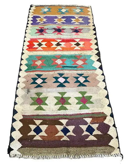 Vintage Handmade Wool Persian Flatweave Kilim Bright Colored Pattern 3'8 x 7'10 I Got Rugs