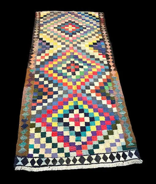 Vintage Handmade Wool Persian Flatweave Kilim Colorful Diamond Pattern 5'5 x 11' I Got Rugs