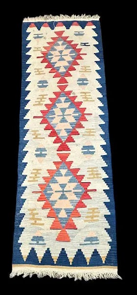 Vintage Handmade Wool Rug Blue Turkish Kilim Geometric Runner 2'6 x 7'10 I Got Rugs