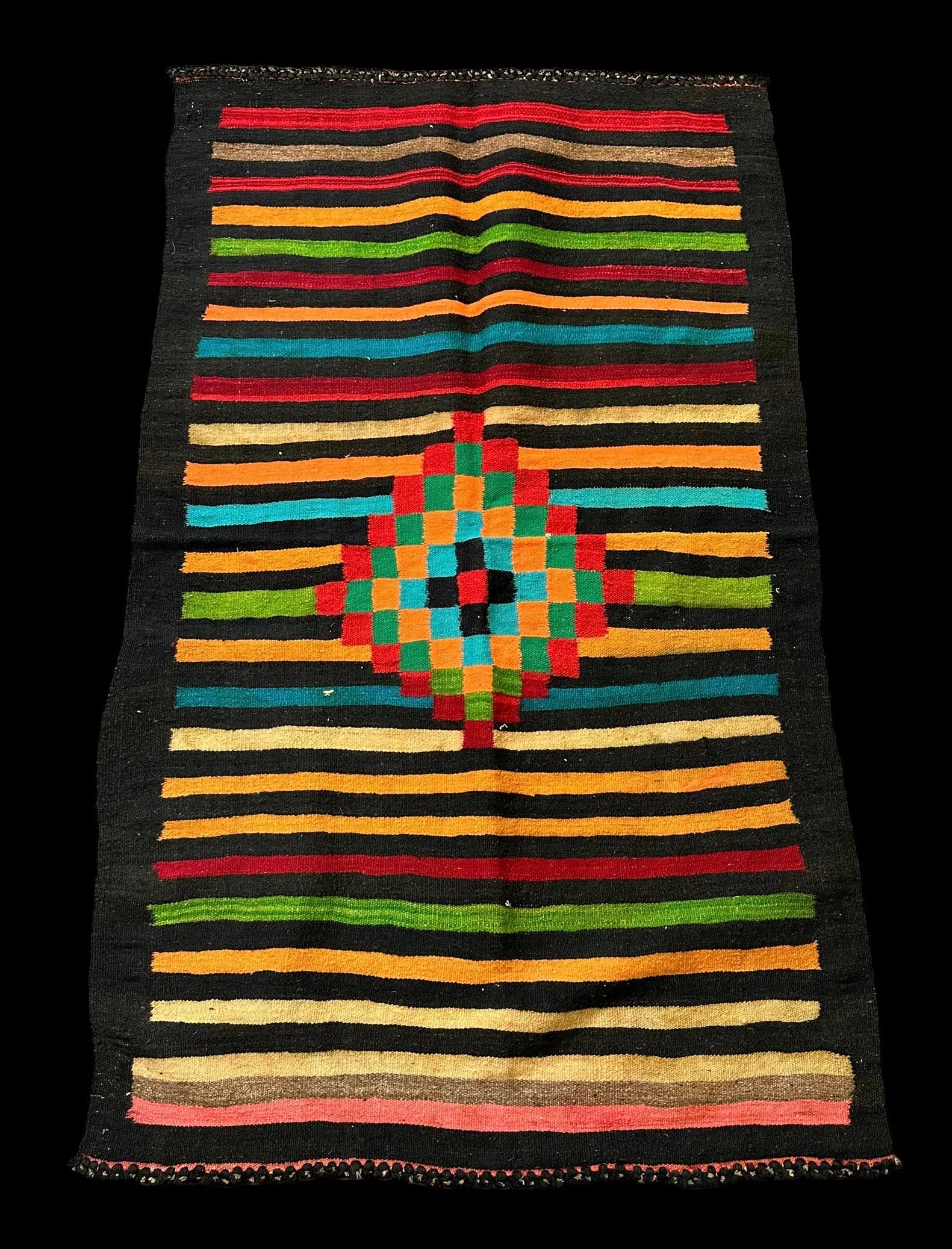 Vintage Handmade Wool Rug Colorful Turkish Anatolian Striped Design 3' x 5' I Got Rugs