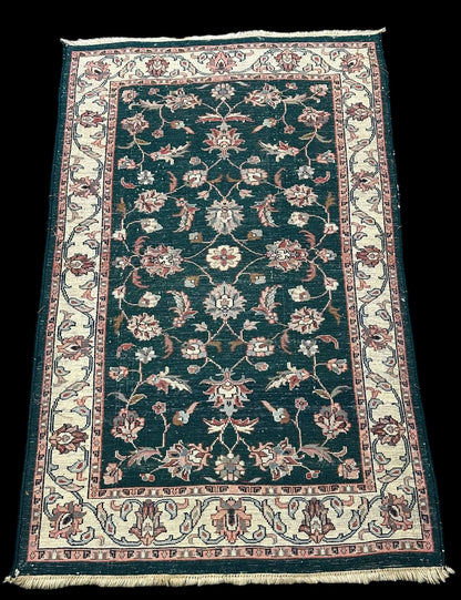 Vintage Handmade Wool Rug Green Persian Floral Design 2'11 x 4'9 I Got Rugs