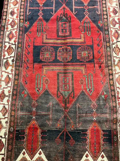 Vintage Handmade Wool Rug Persian Hamadan Design in Bold Colors 5'2 x 10'9 I Got Rugs