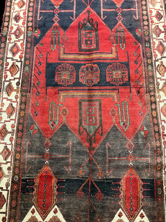 Vintage Handmade Wool Rug Persian Hamadan Design in Bold Colors 5'2 x 10'9 I Got Rugs