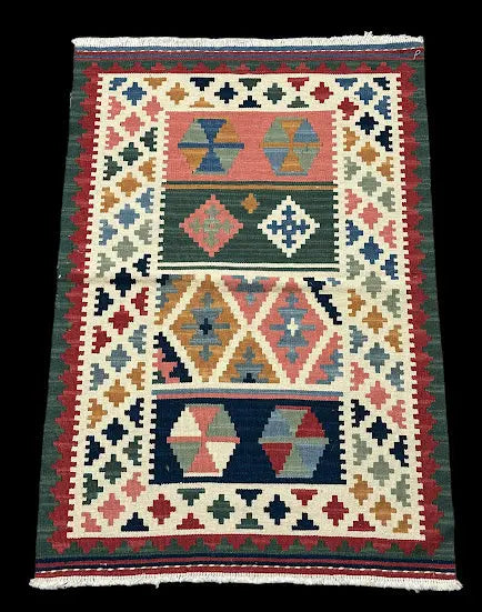 Vintage Handmade Wool Rug Turkish Kilim Unique Geometric Design Colorful 2' x 3' I Got Rugs
