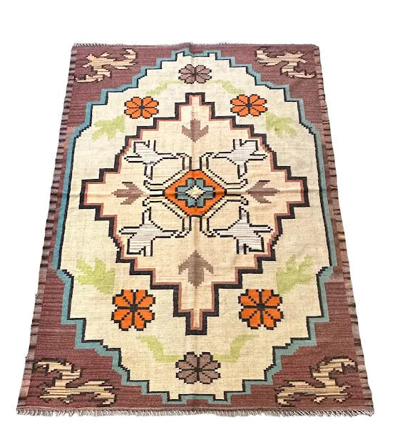 Vintage Handmade Wool Rug Turkish Oriental Design Multicolor 4'8 x 6'11 I Got Rugs