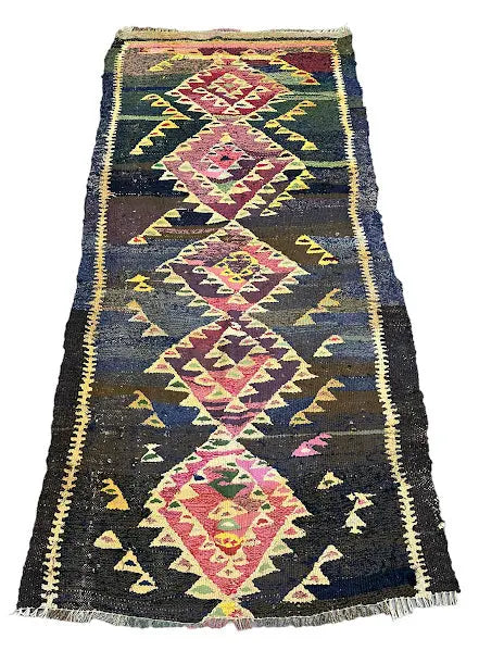 Vintage Handwoven Wool Rug Moroccan Berber Flatweave Tribal Design 3'9 x 8' I Got Rugs