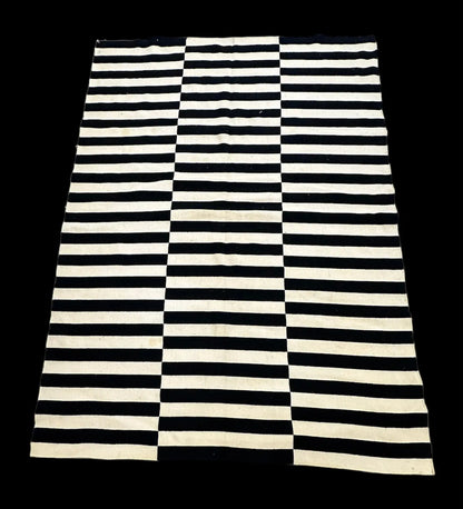Vintage Hand-Knotted Wool Rug Black/ White Turkish Striped Design 5'5 x 7'6 I Got Rugs