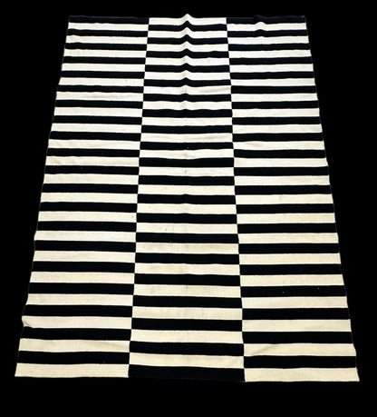Vintage Hand-Knotted Wool Rug Black/ White Turkish Striped Design 5'5 x 7'6 I Got Rugs