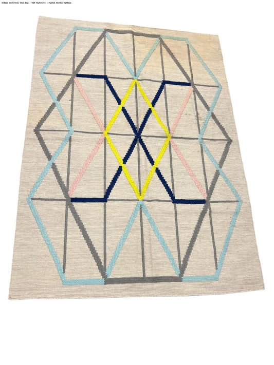 Modern 5x5 Geometric Wool Flatweave Rug – Nordic Pastel Starburst Pattern